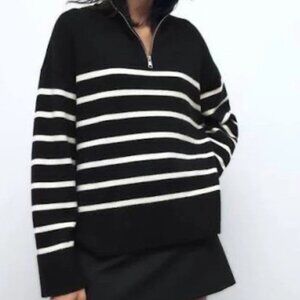 Zara Zipped Striped Sweater Black  Size S NWT